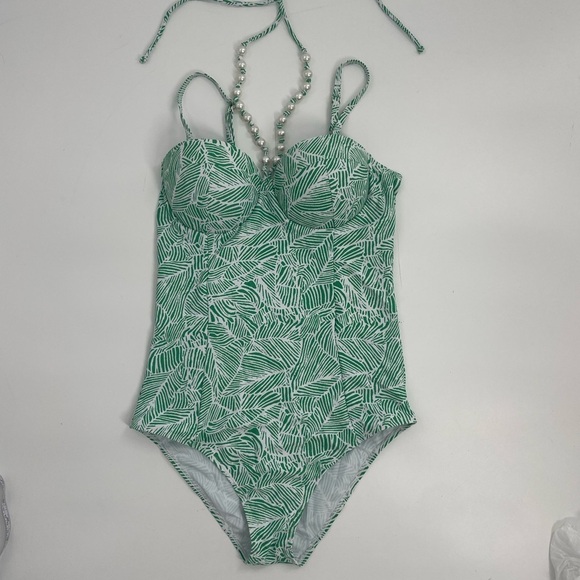 NWT GRACE + EMMA JUNGLE OASIS ONE PIECE SWIM green and white print pearls Med - Picture 4 of 13